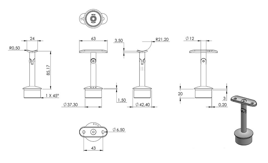 Zeichnung Handlaufstütze für Rohr Ø 42,4 x 2,5 mm, Stift Ø 12 mm, Handlaufanschlussplatte für Rohr Ø 42,4