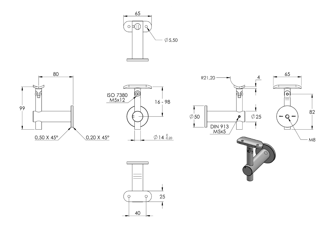 Zeichnung Handlaufhalter mit Anschlussplatte Ø 42,4 mm