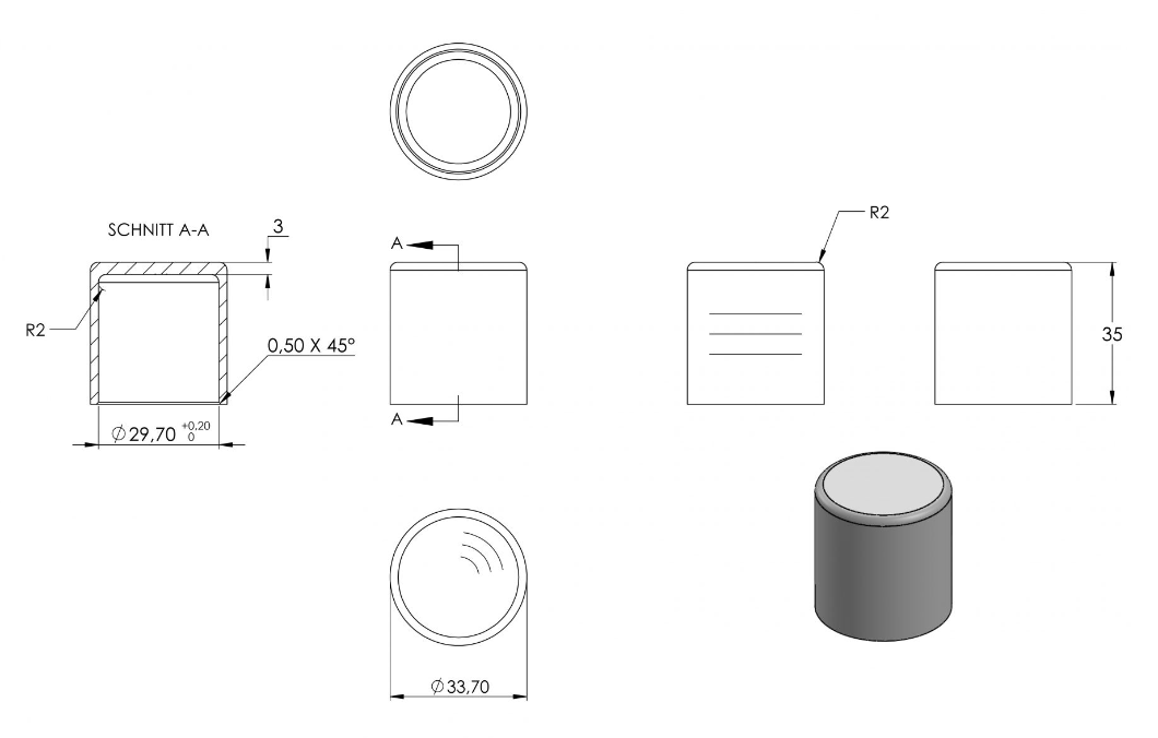 Zeichnung Endkappe für Rohr Ø 33,7 x 2,0 mm