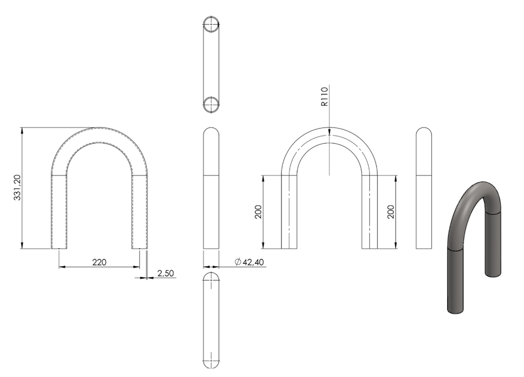 Zeichnung Rohrbogen Ø 42,4 x 2,5 mm, Radiusmitte 110,0 mm