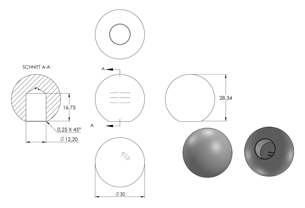 Zeichnung Vollkugel Ø 30 mm mit Sackloch Ø 12,2 mm