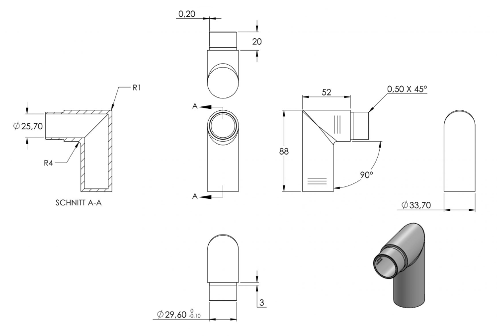 Zeichnung Endstück für Rohr Ø 33,7 x 2,0 mm