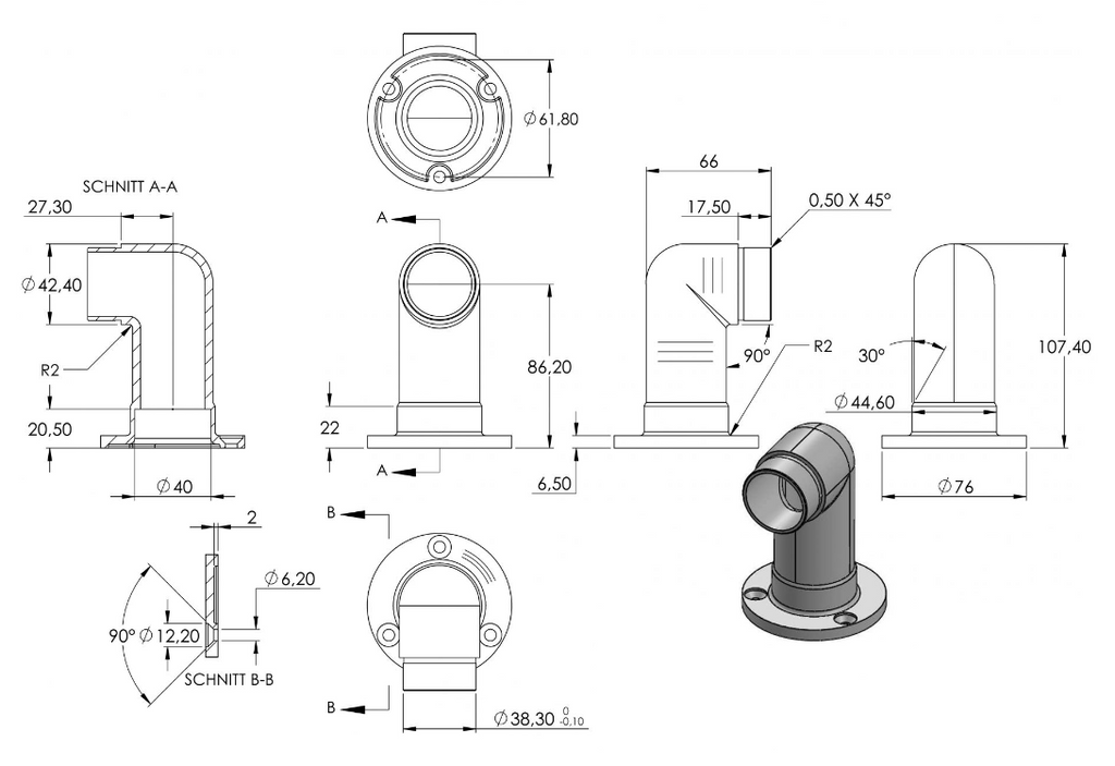 Edelstahl Wandhalter 90° für Rundrohre, lang, zum Einstecken ins Rohr, V2A