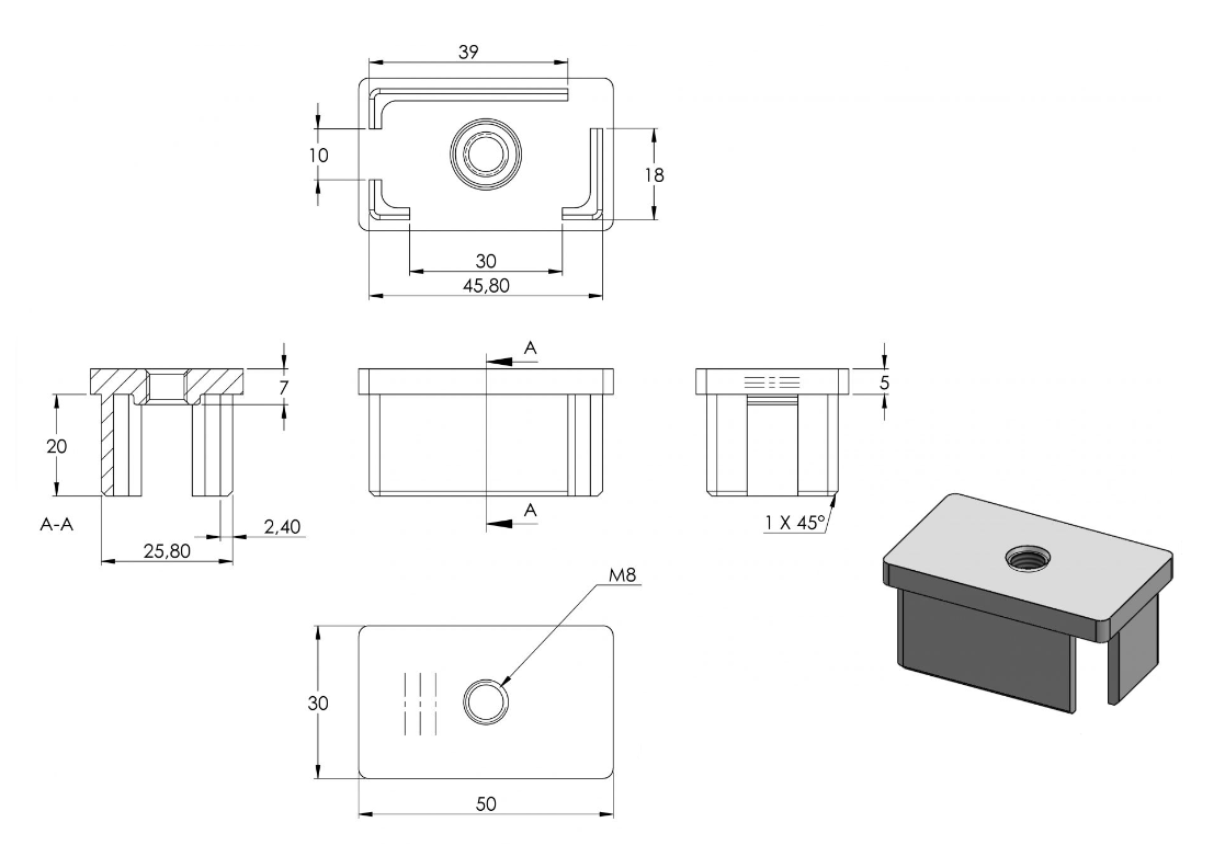 Zeichnung Rohrabschlussstopfen für Rohr 50 x 30 x 2,0 mm