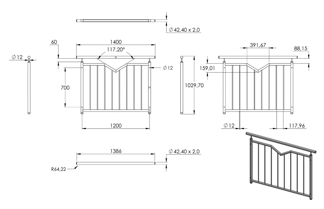 Zeichnung Französisches Balkongitter Breite 1200 mm