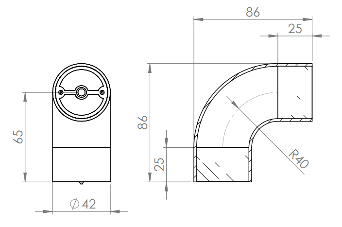 Rohrbogen 90° für Holzhandlauf Ø 42 mm, V2A