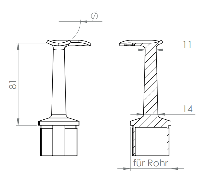 Handlaufstütze aus einem Stück zum Einschlagen, für Quadratrohr, mit Anschlussplatte 90°, V2A