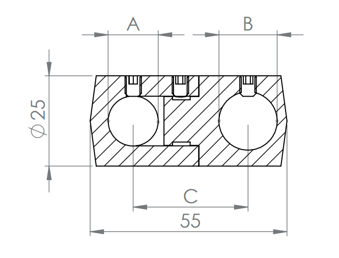 Doppelquerstabhalter ∅ 25 mm, mit 2 Bohrungen, zum Befestigen von Füllstäben, V2A