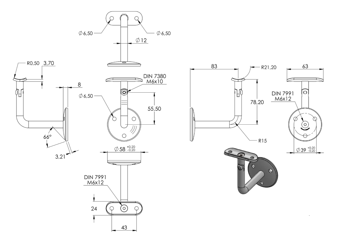 Zeichnung Handlaufhalter mit Bügel Ø 12 mm
