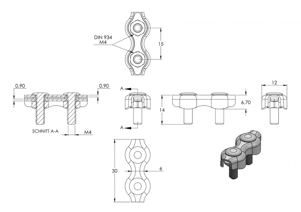 Zeichnung DUPLEX Seilklemme für Seil Ø 2 mm