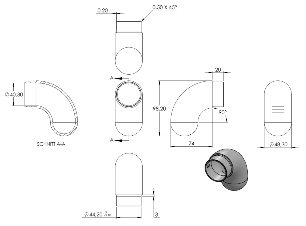 Zeichnung Rohrbogen für Rohr Ø 48,3 x 2,0 mm