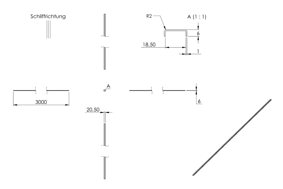 Zeichnung Kantenschutzprofil, Länge 3 m, für Glasstärke 16,00 - 17,52 mm