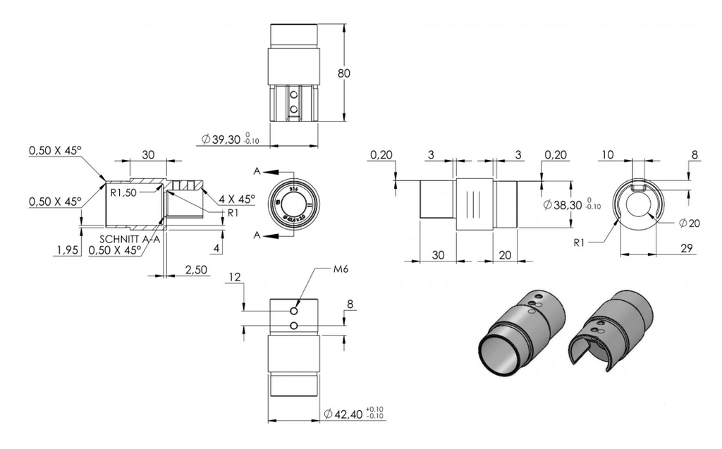 Nutrohr-Adapter auf Rohr Ø 42,4 mm, V4A