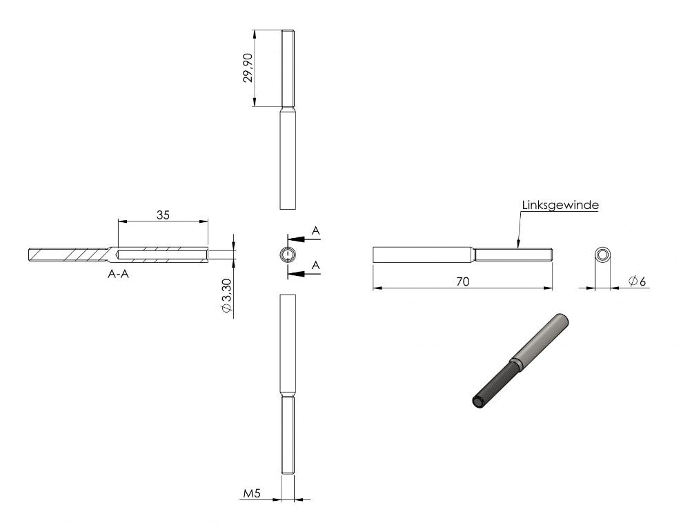 Zeichnung Gewindeterminal für Seil 3 mm, mit Außengewinde M5 linksgängig