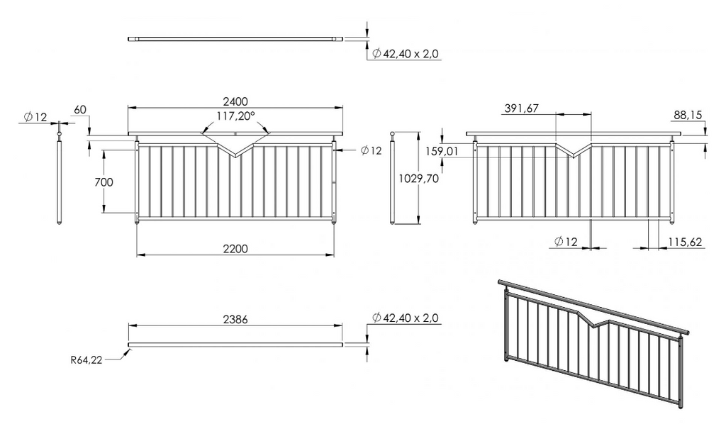 Zeichnung Französisches Balkongitter Breite 2200 mm