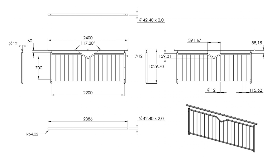 Zeichnung Französisches Balkongitter Breite 2200 mm