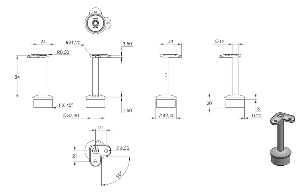Zeichnung Handlaufstütze für Rohr Ø 42,4 x 2,5 mm, Stift Ø 12 mm