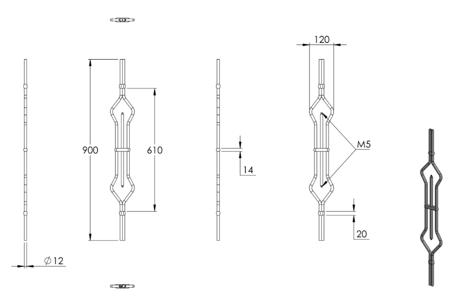 Zierstab, mit 2 x Gewinde M6 für Zierelemente, Länge 900 mm, V2A
