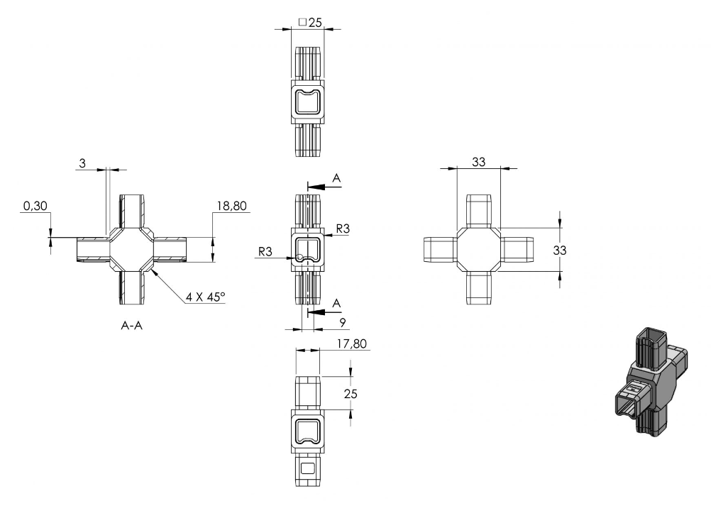Zeichnung Kreuzverbinder für Quadratrohr 25 x 25 x 2,0 mm