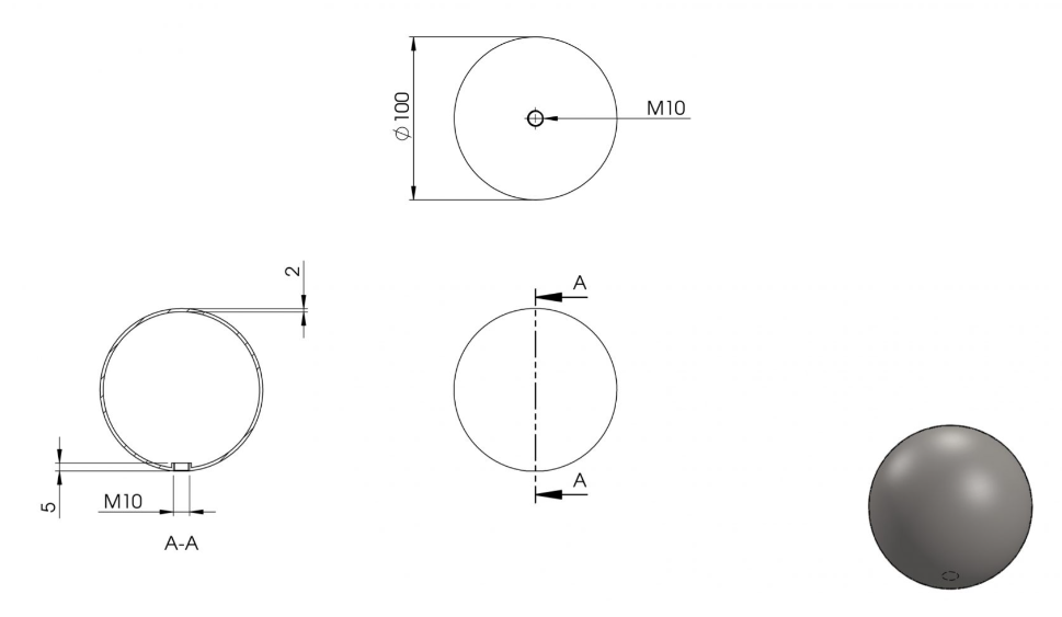 Zeichnung Hohlkugel Ø 100 mm mit Gewinde M10