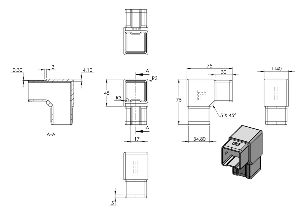 Zeichnung Quadratrohr-Verbinder für Rohr 40 x 40 x 2,0 mm