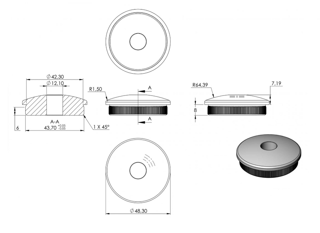 Zeichnung Rohrabschlussstopfen mit Bohrung Ø 12,1 mm, für Rohr Ø 48,3 x 2,5 mm