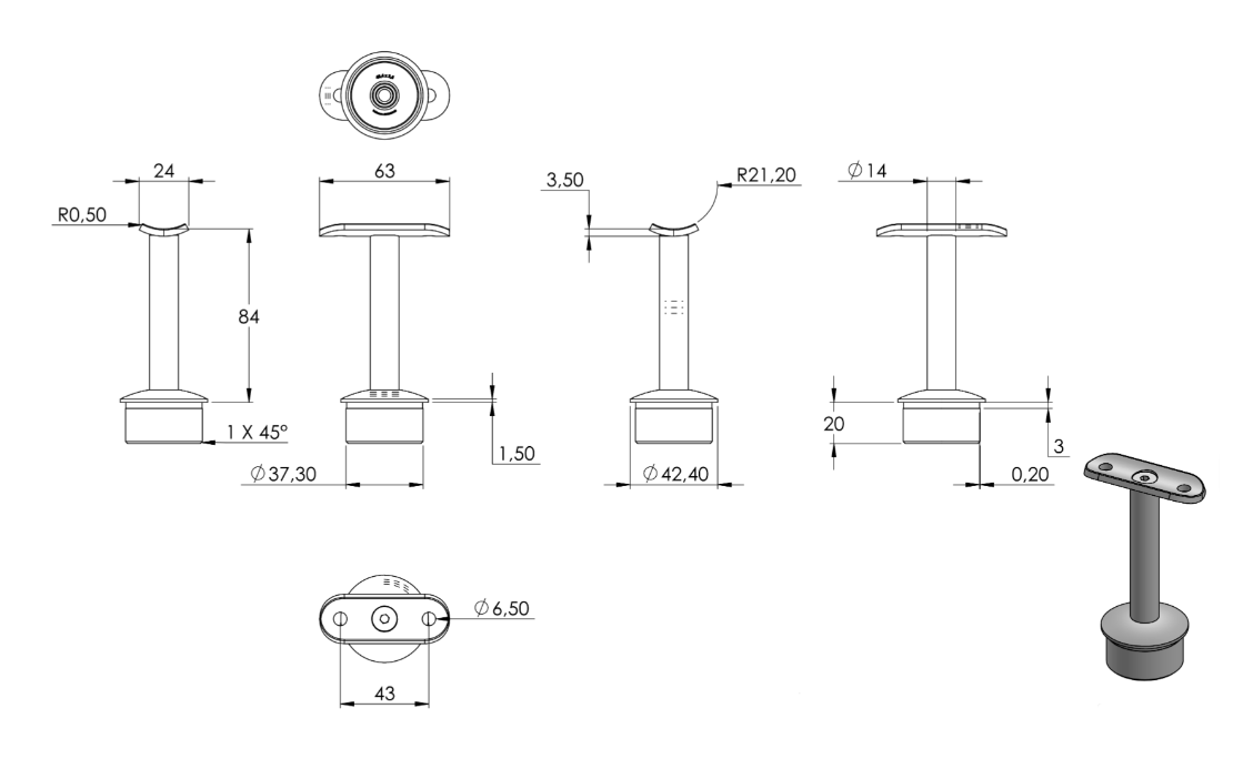 Zeichnung Handlaufstütze für Rohr Ø 42,4 x 2,5 mm, Stift Ø 14 mm, Handlaufanschlussplatte für Rohr Ø 42,4