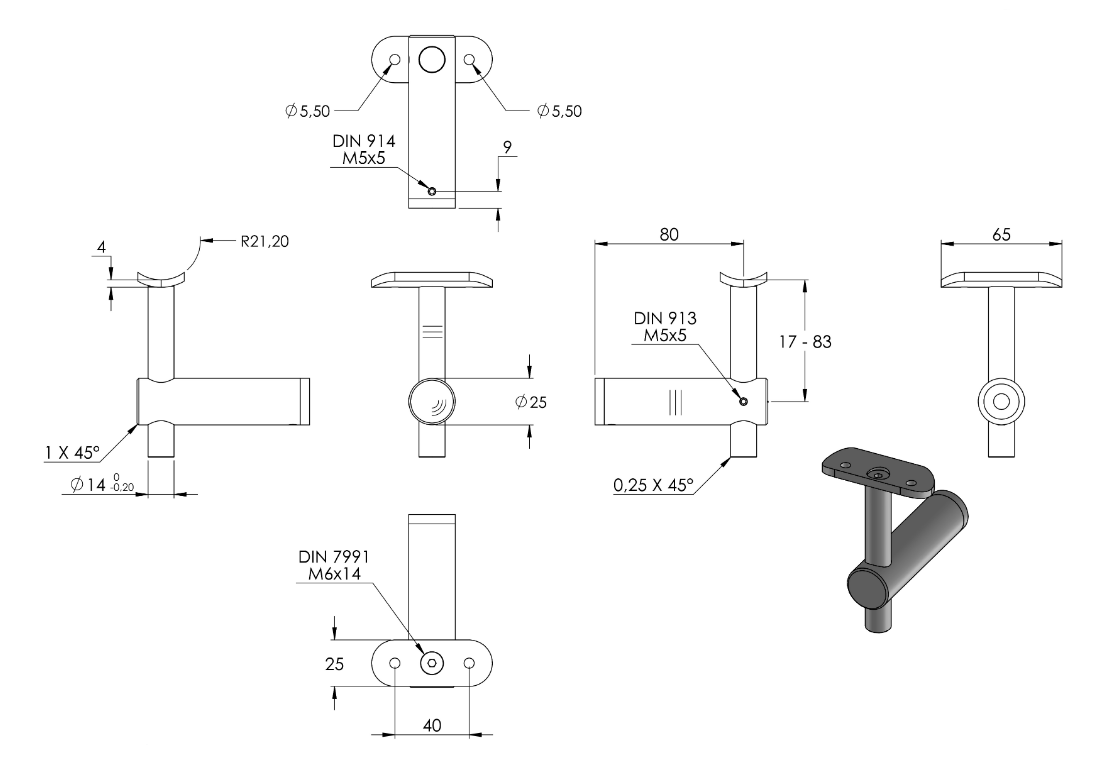 Zeichnung Handlaufhalter mit Anschlussplatte Ø 42,4 mm