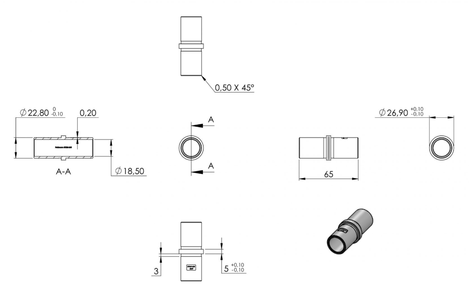 Zeichnung Steckverbinder Ø 26,9 x 2,0 mm, Länge 65 mm
