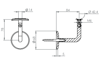 Handlaufhalter mit Gelenk, Stockschraube und Anschlussplatte, zum Anschrauben des Handlaufs, V2A