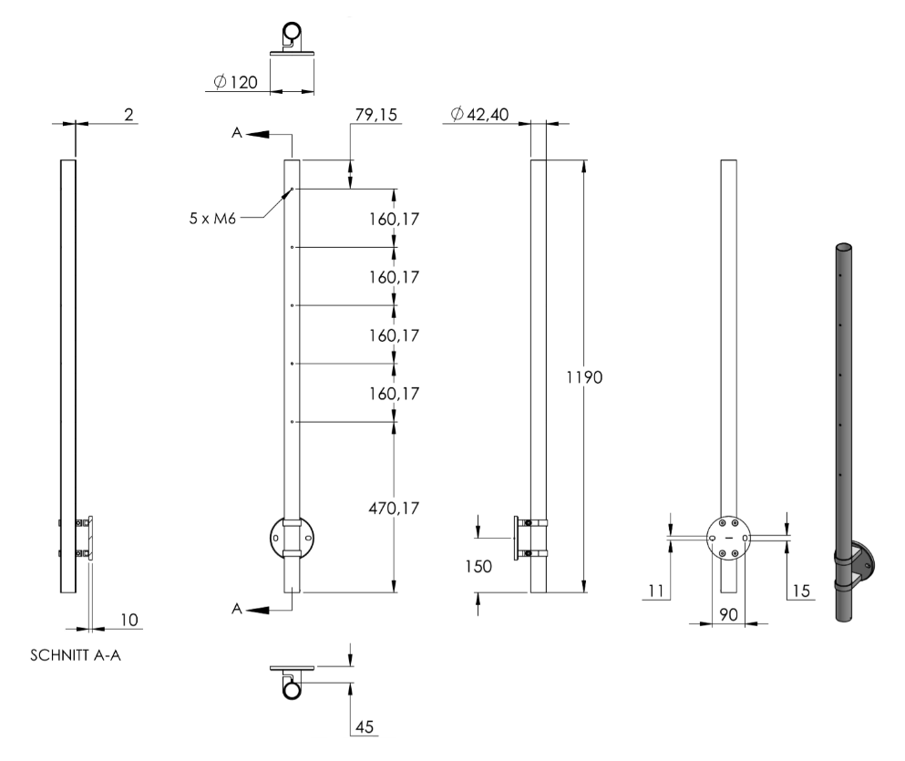 Edelstahlpfosten zur Wandmontage, Länge 1190 mm, 5 x M6 Fließformgewinde, V2A