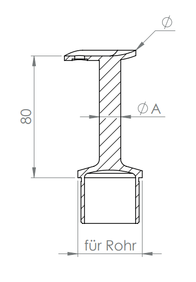 Handlaufstütze Edelstahl aus einem Stück, mit Handlaufanschlussplatte 135°, V2A / V4A