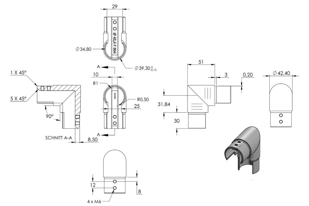 Zeichnung Eckbogen für Nutrohr Ø 42,4 mm