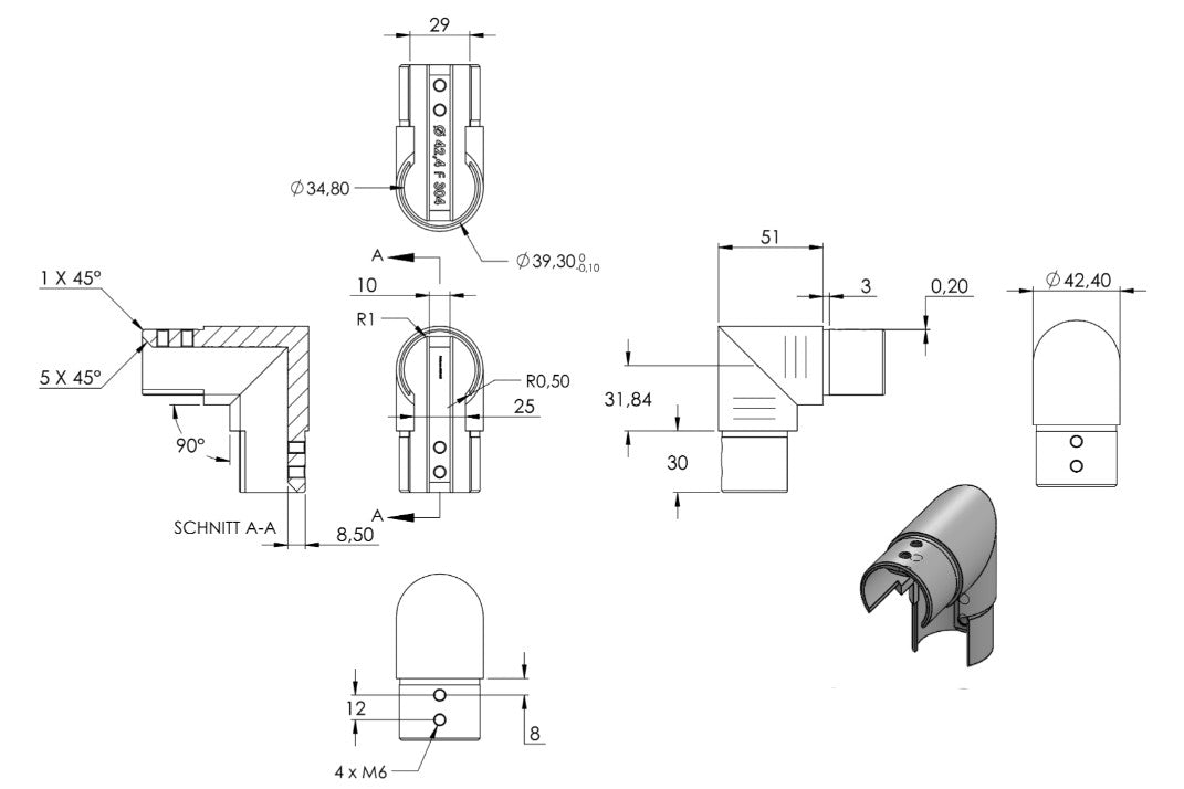 Zeichnung Eckbogen für Nutrohr Ø 42,4 mm