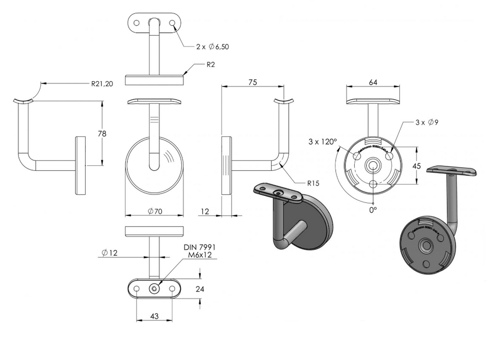 Zeichnung Handlaufhalter Ronde mit 3 Bohrungen Ø 9 mm
