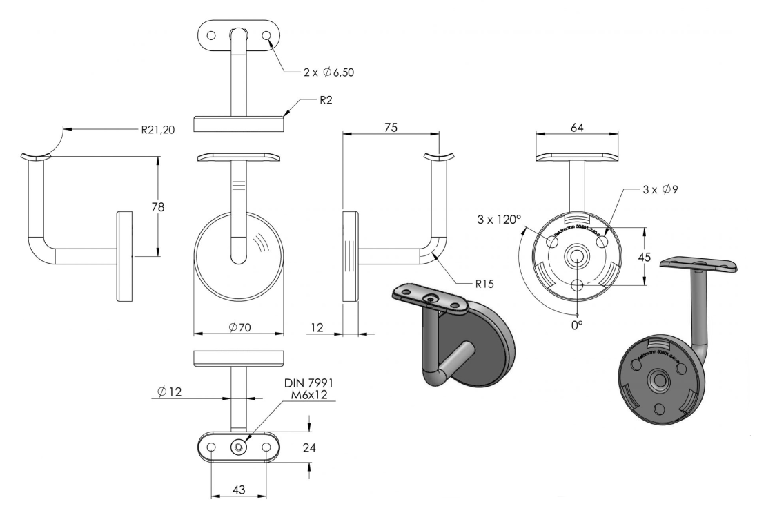 Zeichnung Handlaufhalter Ronde mit 3 Bohrungen Ø 9 mm