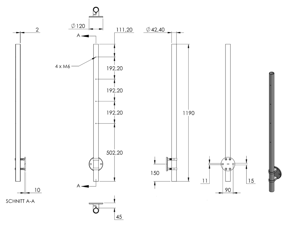 Edelstahlpfosten zur Wandmontage, Länge 1190 mm, 4 x M6 Fließformgewinde, V2A