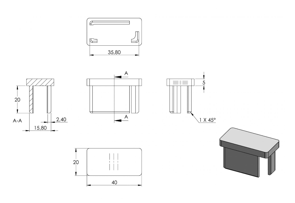 Zeichnung Rohrabschlussstopfen für Rohr 40 x 20 x 2,0 mm