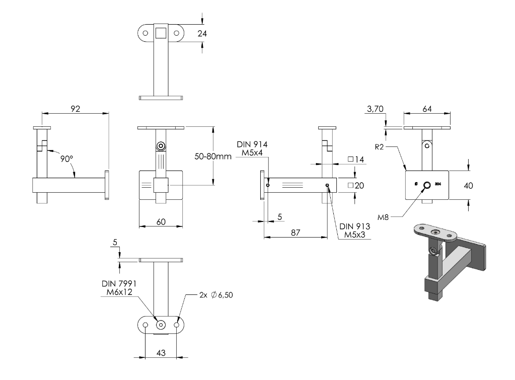 höhenverstellbarer Handlaufhalter mit Innengewinde, Gelenk und Halteplatte, V2A