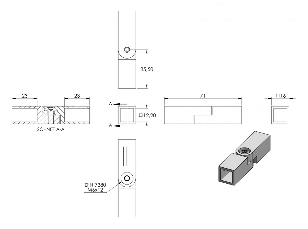Vierkantstabverbinder mit Gelenk, zum Einkleben der Stäbe, verstellbar 0 - 95°, V2A