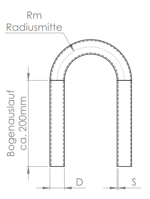 Edelstahl Rohrbogen 180° mit Bogenauslauf ca. 200 mm, V2A