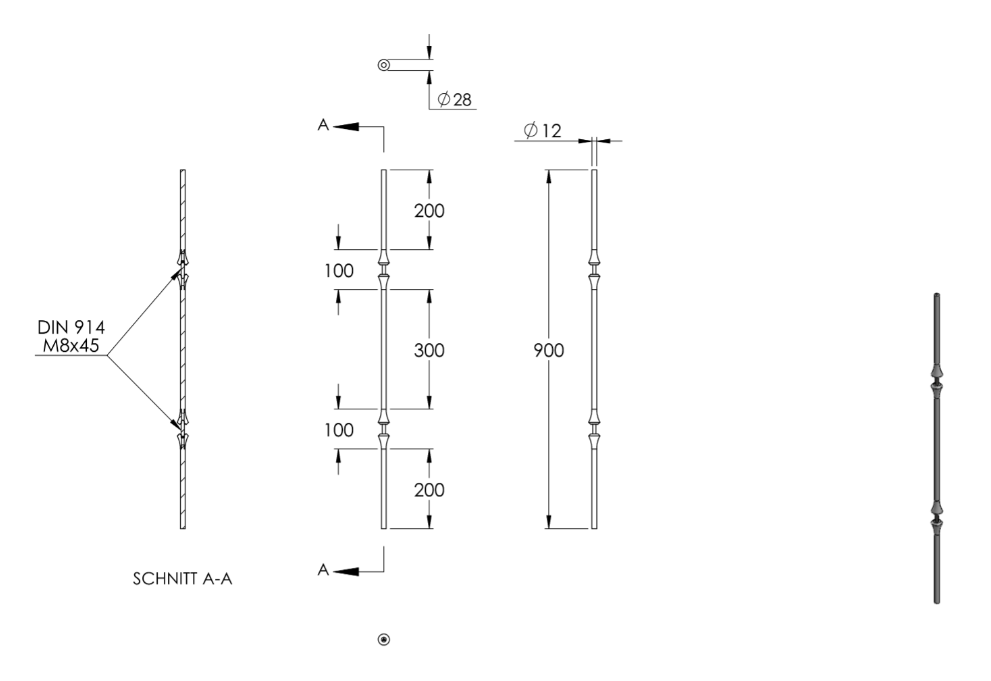 Zierstab, für Zierelement mit Sachloch, Länge 900 mm, V2A
