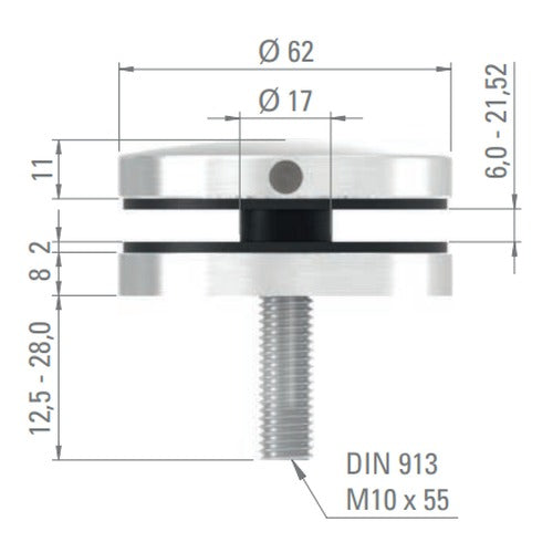 Glaspunkthalter Ø 62 mm, Klemmbereich 6.0 - 21.52 mm, V2A