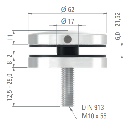 Glaspunkthalter Ø 62 mm, Klemmbereich 6.0 - 21.52 mm, V2A
