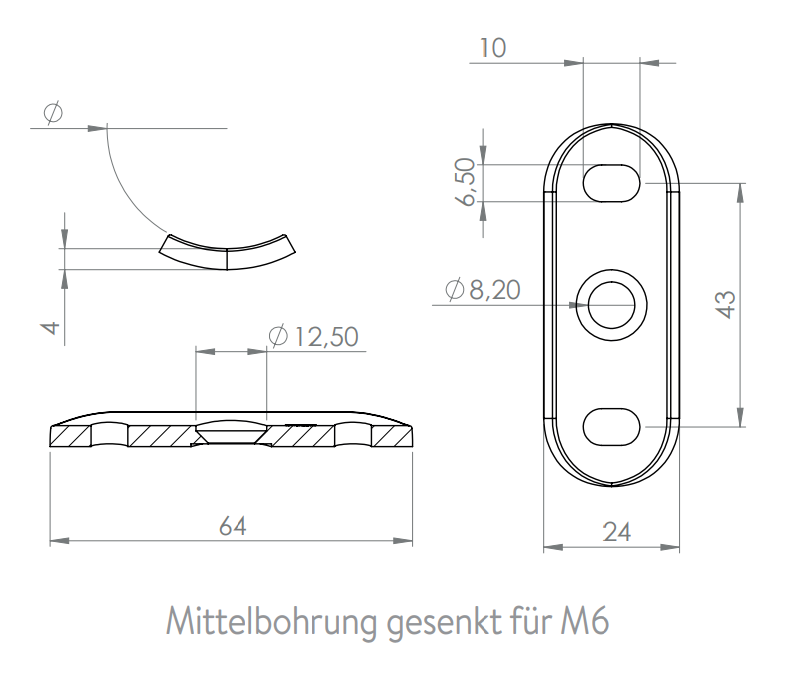 Handlaufanschlussplatte für Rohr, mit Langlöchern, zum Verschrauben, V2A