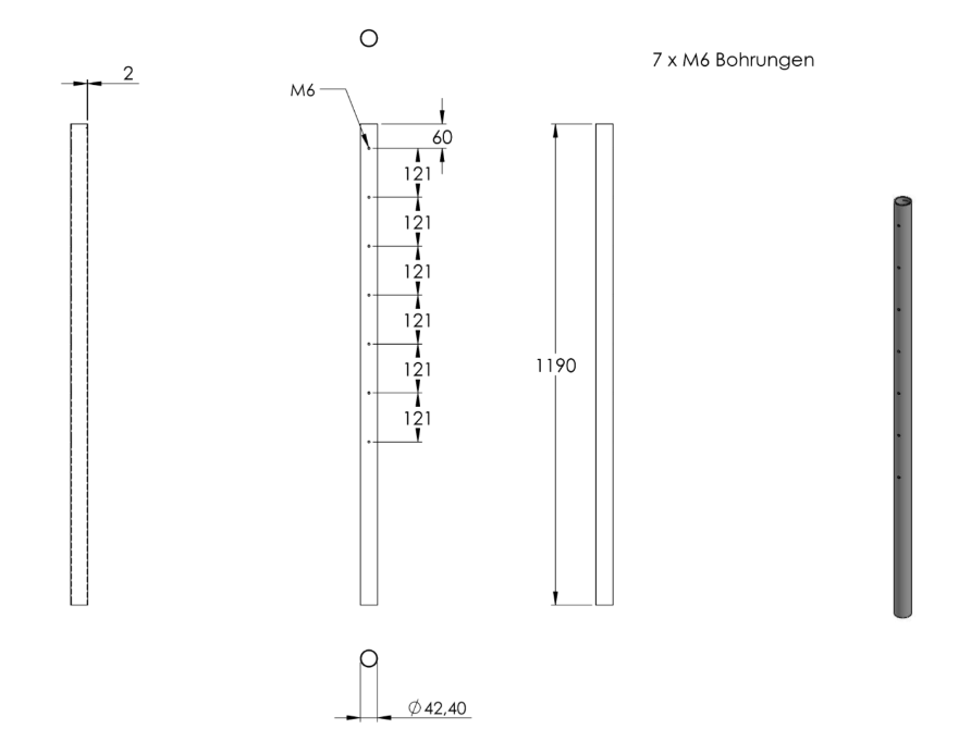 Edelstahlpfosten, mit 7 x M6 Fließformgewinde einseitig (z.B. für Querstabhalter), V2A