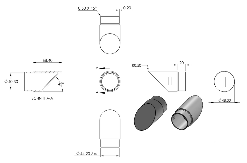 Zeichnung Endstück für  Rohr Ø 48,3 x 2,0 mm
