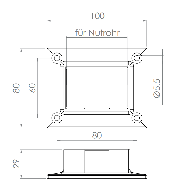 Wandhalter für Rechteck-Nutrohr 60 x 40 x 1,5 mm, V2A