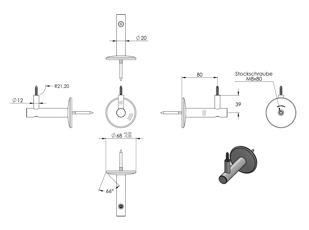 verschraubter Handlaufhalter mit Durchgangsbohrung, Stockschraube und Holzschraube, V2A