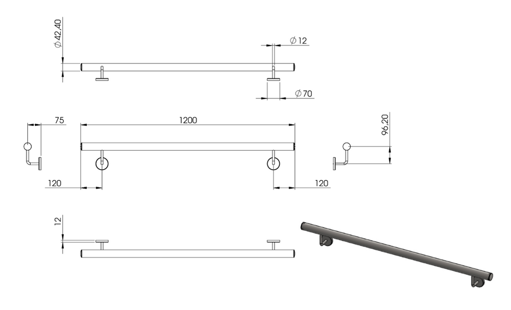Handlauf montagefertig, Länge 1200 mm, mit 2 Handlaufhaltern und Endkappen, V2A